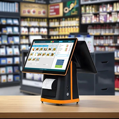 15-calowy monitor POS AIO, z podwójnym ekranem dotykowym.